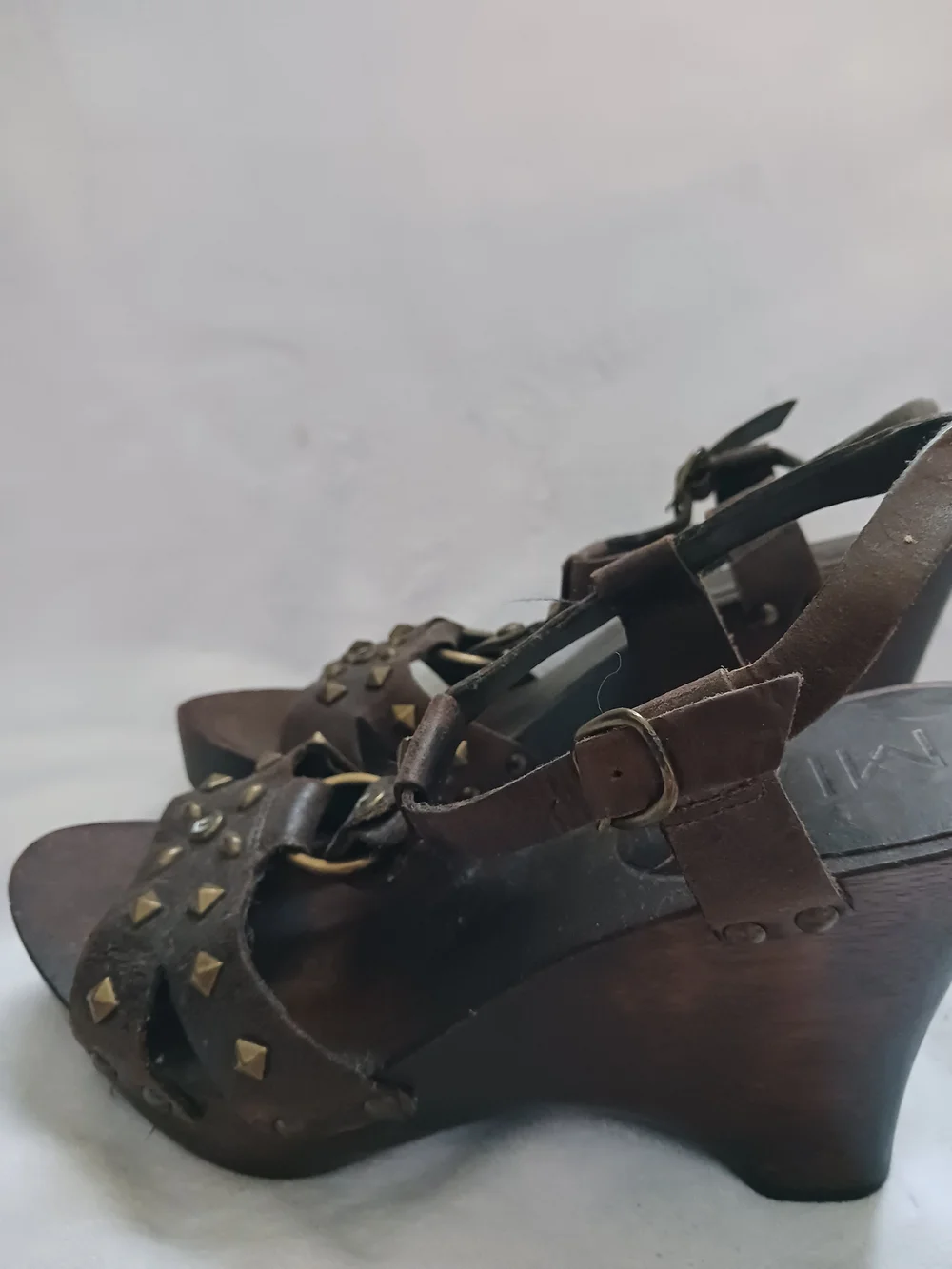 MIA Brown Studded Leather Wedge Sandals